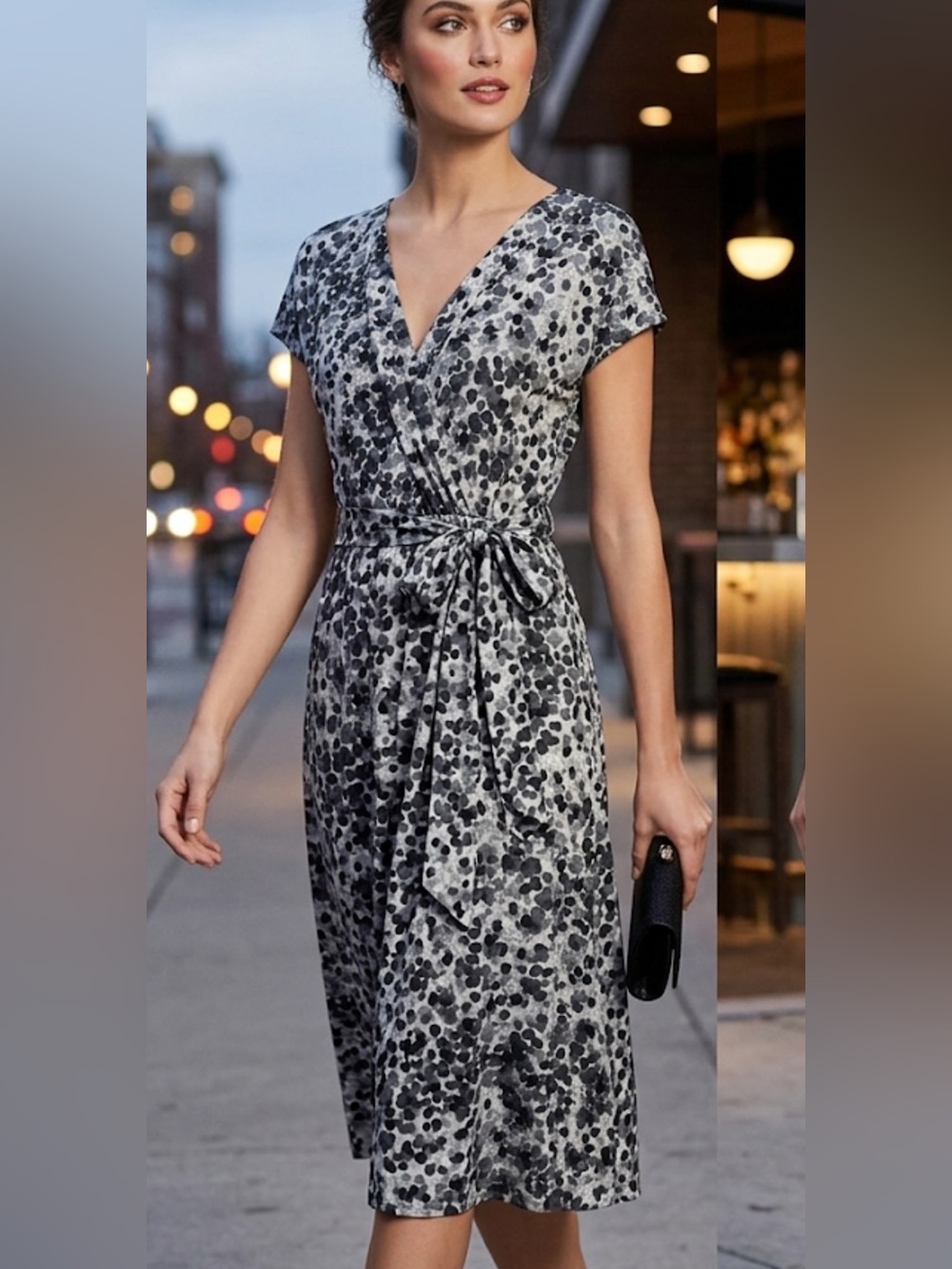 LOFT Black & White Speckled Wrap Midi Dress